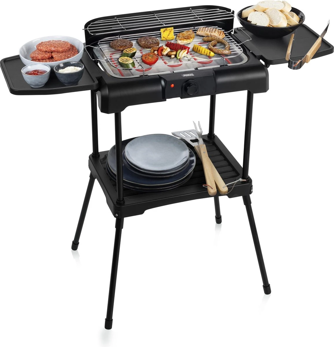 Princess 112250 Elektrische BBQ Met Zijplanken - BBQ - 40x25cm - Met En Zonder Statief Te Gebruiken - Met Zijplankjes - Ook Te Gebruiken Als Tafelgrill - 2200W