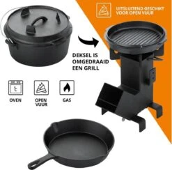 Dutch Mountains Gietijzeren Pannenset 7-delig - Dutch Oven – Braadpan - Grillpan - Hapjespan - Kookset In Houten Transportkist - Deksellifter - Brander -Barbecue Benodigdheden Winkel 1200x1185