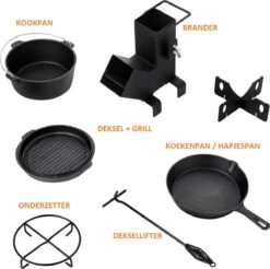 Dutch Mountains Gietijzeren Pannenset 7-delig - Dutch Oven – Braadpan - Grillpan - Hapjespan - Kookset In Houten Transportkist - Deksellifter - Brander -Barbecue Benodigdheden Winkel 1200x1197