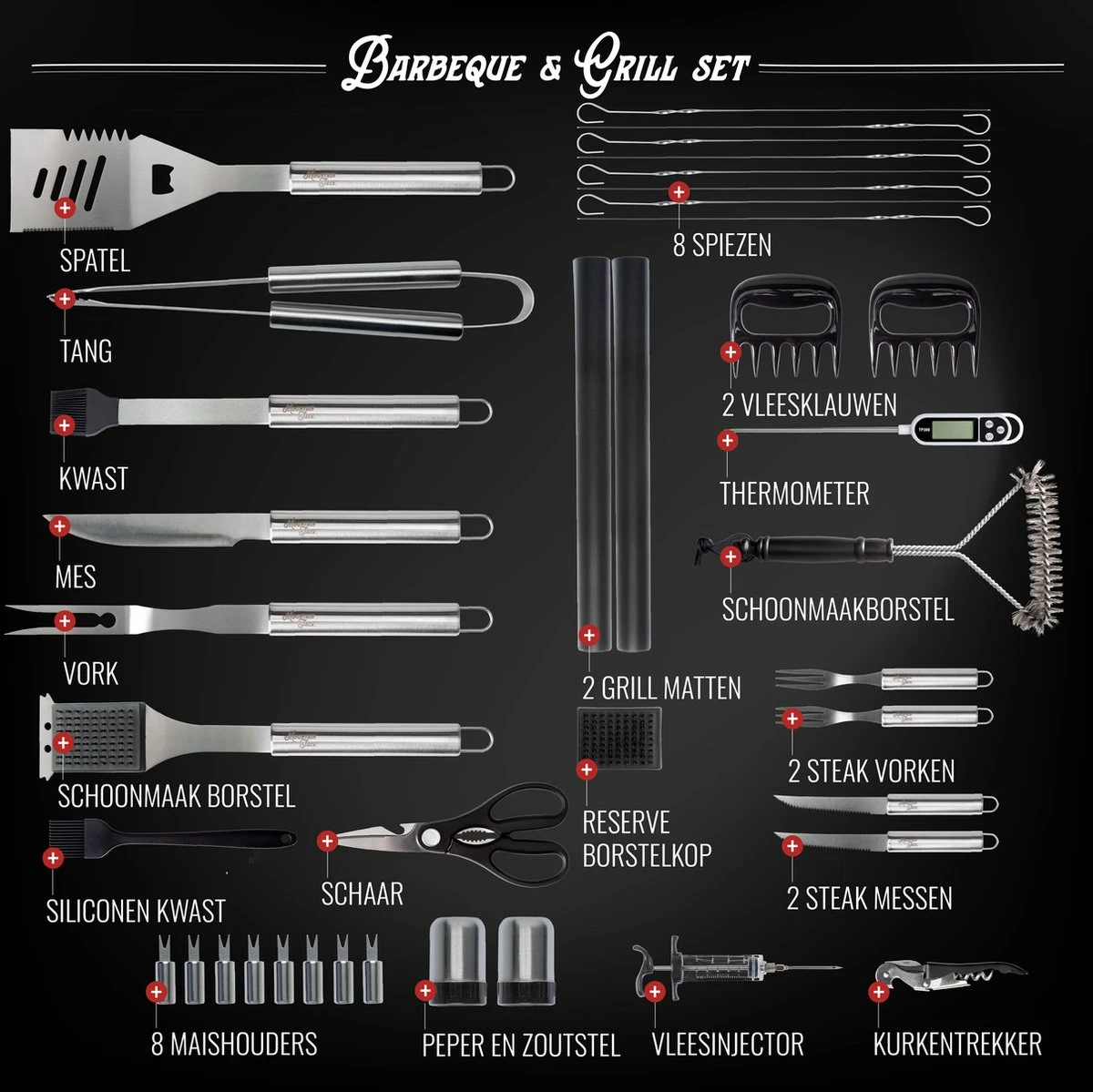 Mountain Jack® 40-Delige Luxe BBQ Grill Accessoires Set In Roestvrij Staal – Barbecue Gereedschap – Tangenset, Vlees Thermometer, Vleestang, Borstel, Spiezen, Vleesmes, Vleesvork 5 Mountain Jack® 40-Delige Luxe BBQ Grill Accessoires Set In Roestvrij Staal – Barbecue Gereedschap – Tangenset, Vlees Thermometer, Vleestang, Borstel, Spiezen, Vleesmes, Vleesvork - Afbeelding 5