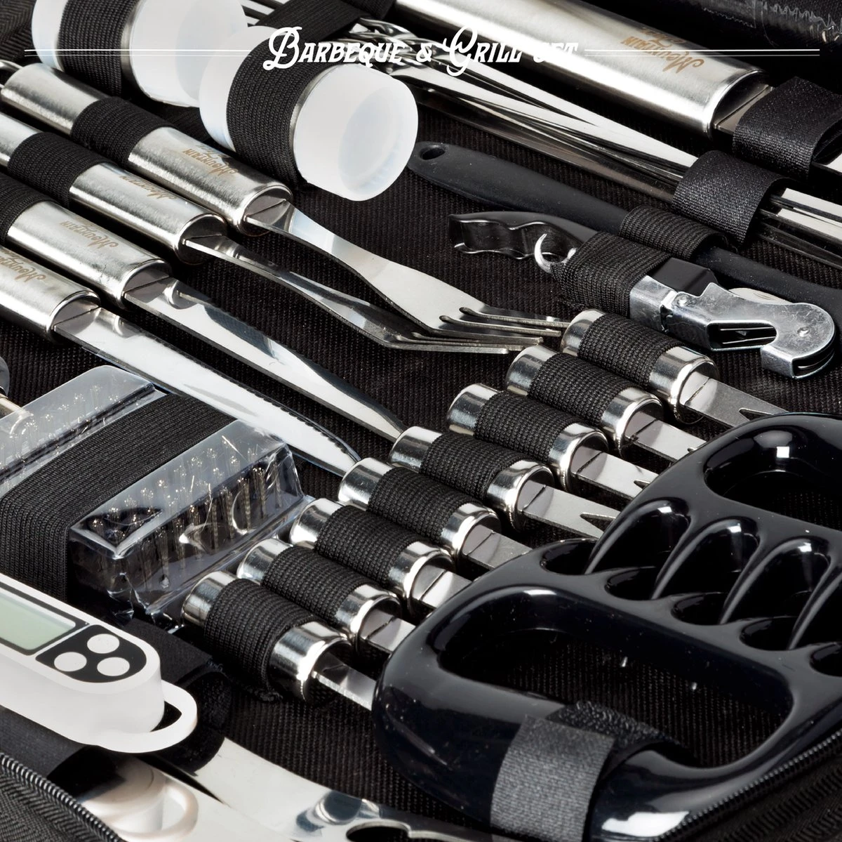 Mountain Jack® 40-Delige Luxe BBQ Grill Accessoires Set In Roestvrij Staal – Barbecue Gereedschap – Tangenset, Vlees Thermometer, Vleestang, Borstel, Spiezen, Vleesmes, Vleesvork 8 Mountain Jack® 40-Delige Luxe BBQ Grill Accessoires Set In Roestvrij Staal – Barbecue Gereedschap – Tangenset, Vlees Thermometer, Vleestang, Borstel, Spiezen, Vleesmes, Vleesvork - Afbeelding 8