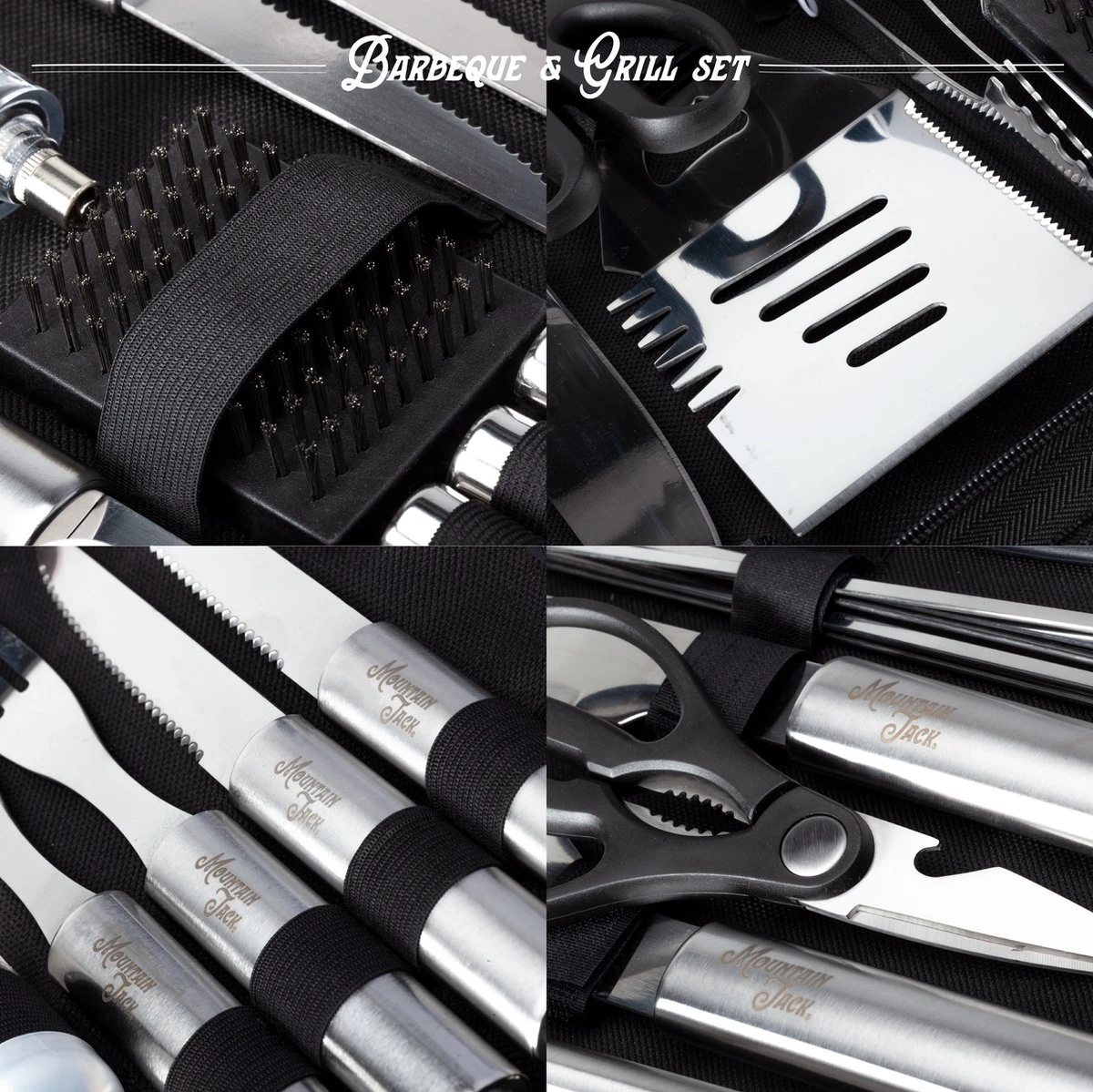 Mountain Jack® 40-Delige Luxe BBQ Grill Accessoires Set In Roestvrij Staal – Barbecue Gereedschap – Tangenset, Vlees Thermometer, Vleestang, Borstel, Spiezen, Vleesmes, Vleesvork 11 Mountain Jack® 40-Delige Luxe BBQ Grill Accessoires Set In Roestvrij Staal – Barbecue Gereedschap – Tangenset, Vlees Thermometer, Vleestang, Borstel, Spiezen, Vleesmes, Vleesvork - Afbeelding 11