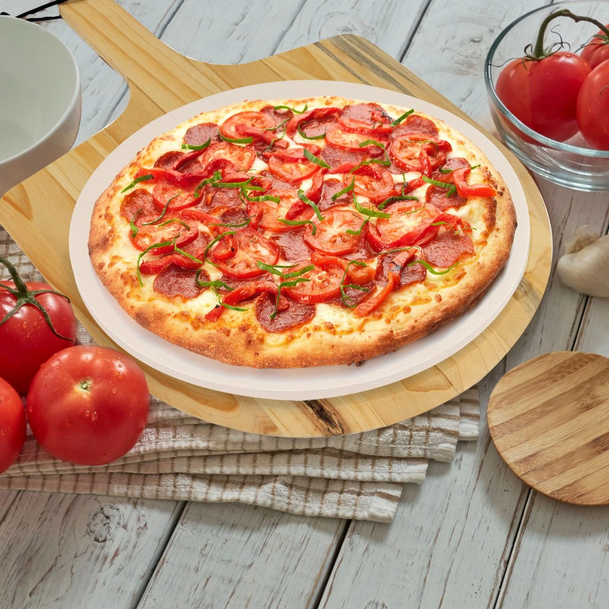 MaxxHome Pizzasteen - BBQ Steen - Maximum Te Verhitten Tot 600 Graden - ⌀33 - Incl. Houten Schep 3 MaxxHome Pizzasteen - BBQ Steen - Maximum Te Verhitten Tot 600 Graden - ⌀33 - Incl. Houten Schep - Afbeelding 3