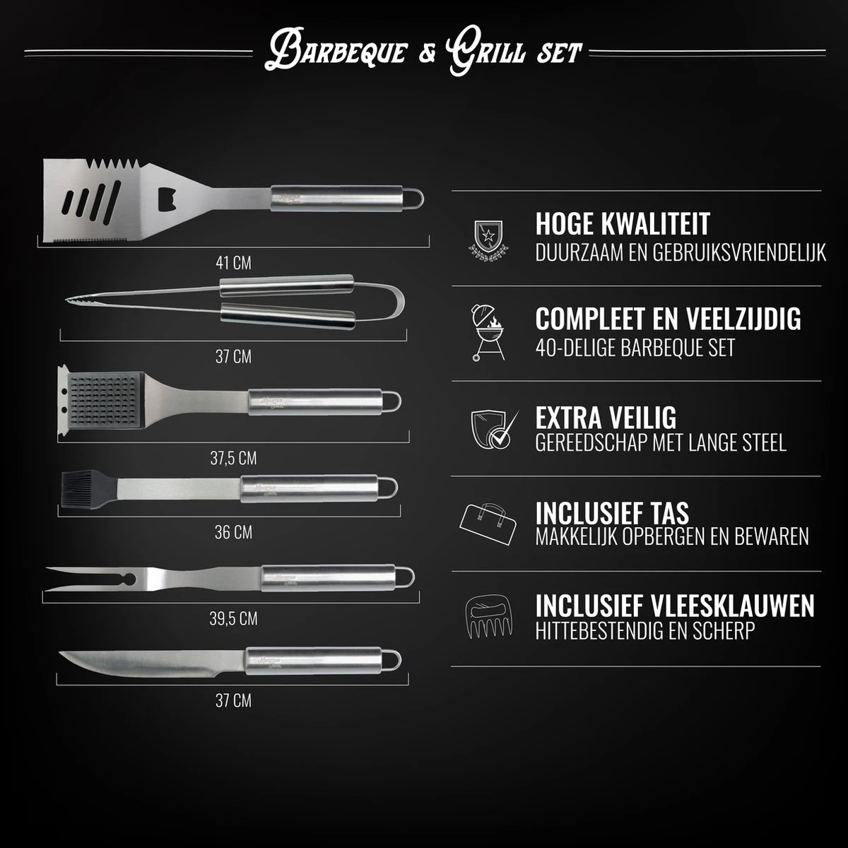 Mountain Jack® 40-Delige Luxe BBQ Grill Accessoires Set In Roestvrij Staal – Barbecue Gereedschap – Tangenset, Vlees Thermometer, Vleestang, Borstel, Spiezen, Vleesmes, Vleesvork 3 Mountain Jack® 40-Delige Luxe BBQ Grill Accessoires Set In Roestvrij Staal – Barbecue Gereedschap – Tangenset, Vlees Thermometer, Vleestang, Borstel, Spiezen, Vleesmes, Vleesvork - Afbeelding 3